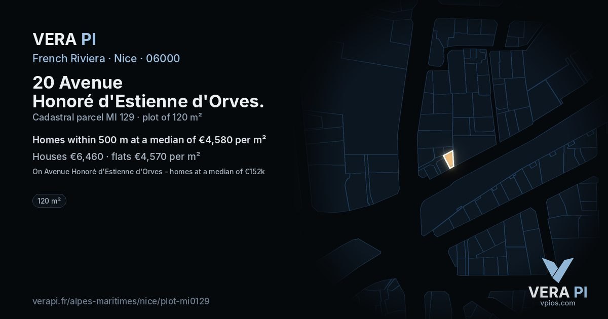 20 Avenue Honoré d'Estienne d'Orves, Nice at night – the plot lit, the parcels around coloured by the prices near them