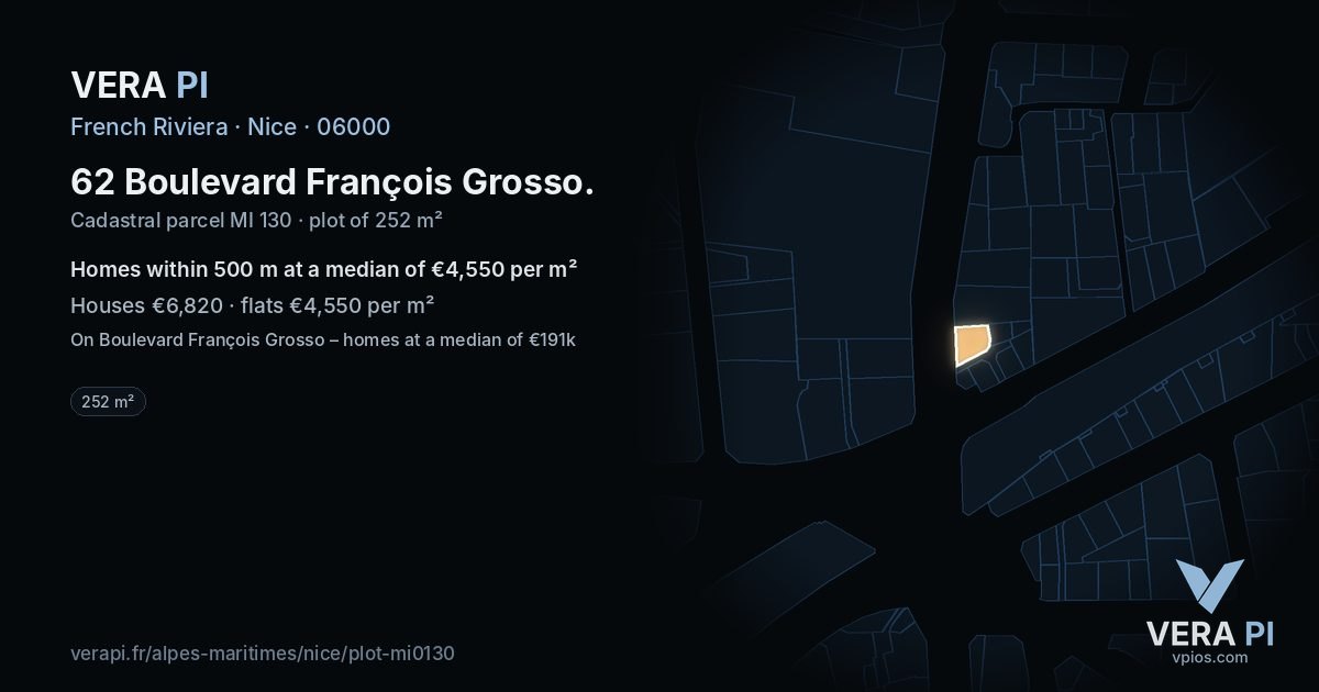 62 Boulevard François Grosso, Nice at night – the plot lit, the parcels around coloured by the prices near them