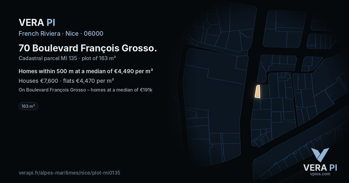 70 Boulevard François Grosso, Nice at night – the plot lit, the parcels around coloured by the prices near them