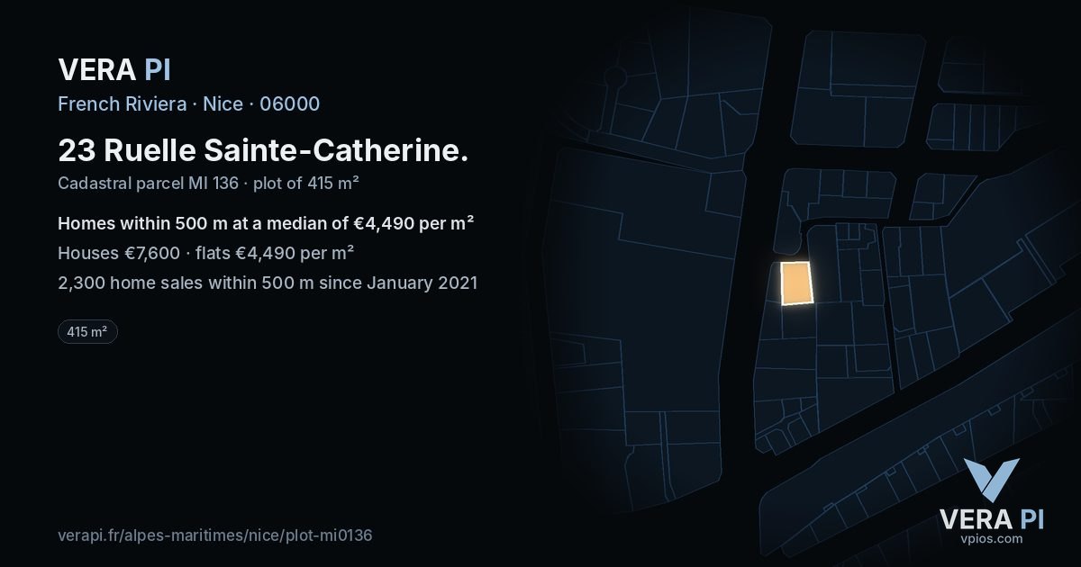 23 Ruelle Sainte-Catherine, Nice at night – the plot lit, the parcels around coloured by the prices near them