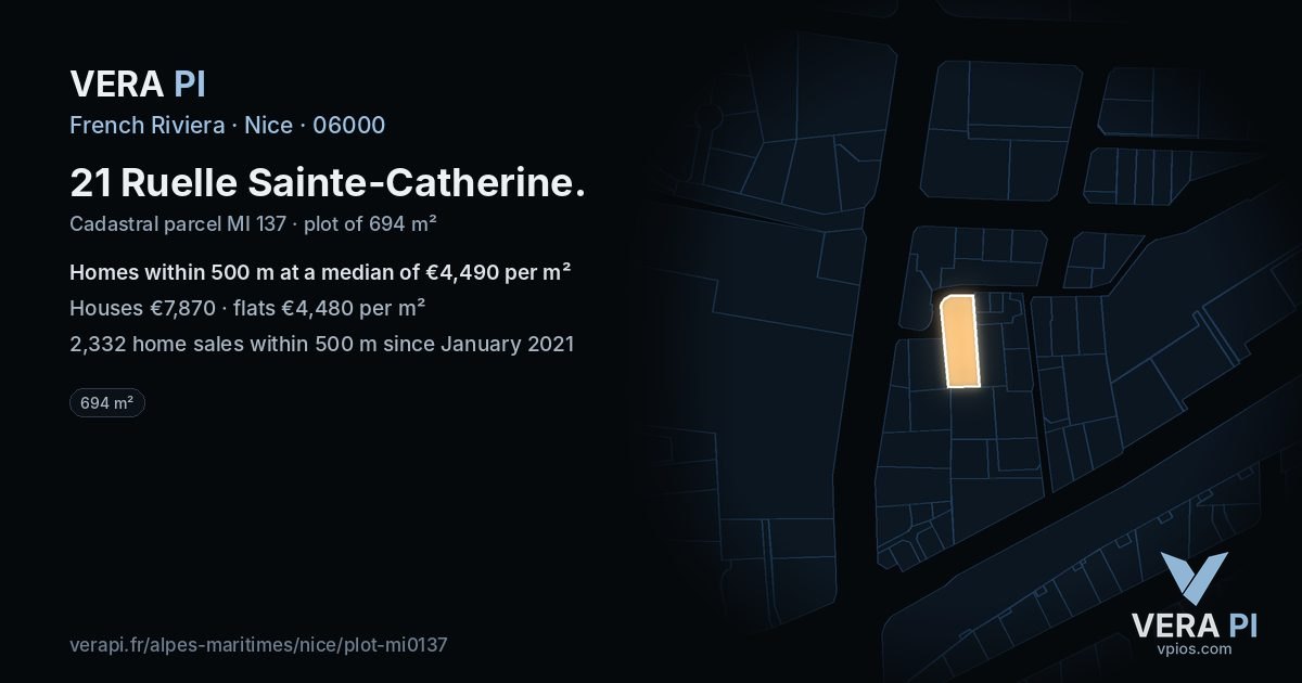 21 Ruelle Sainte-Catherine, Nice at night – the plot lit, the parcels around coloured by the prices near them