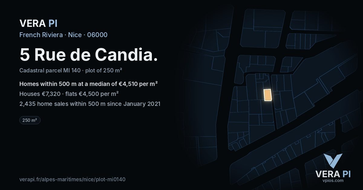5 Rue de Candia, Nice at night – the plot lit, the parcels around coloured by the prices near them