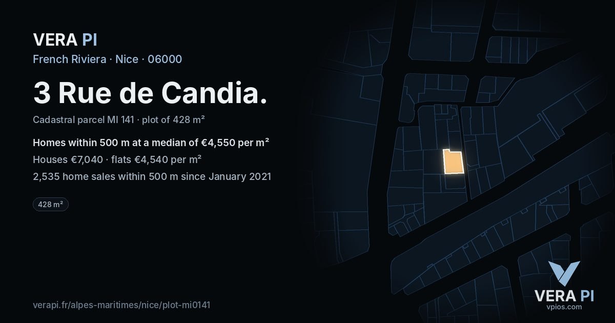 3 Rue de Candia, Nice at night – the plot lit, the parcels around coloured by the prices near them