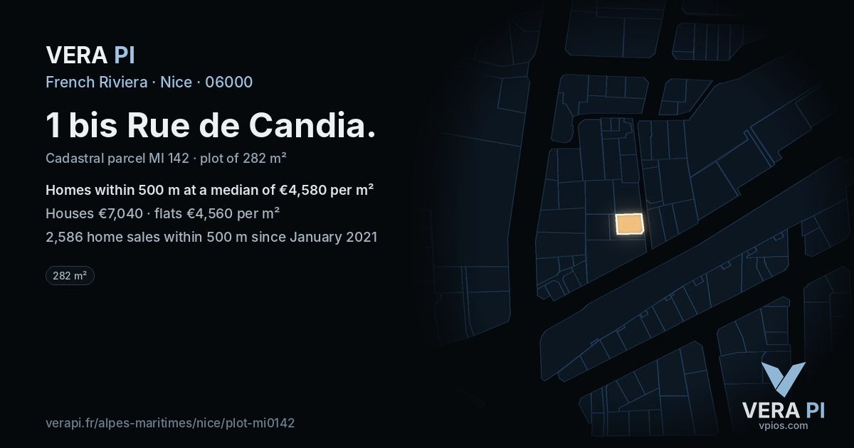 1 bis Rue de Candia, Nice at night – the plot lit, the parcels around coloured by the prices near them