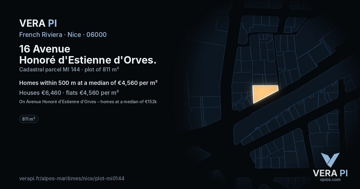 16 Avenue Honoré d'Estienne d'Orves, Nice at night – the plot lit, the parcels around coloured by the prices near them