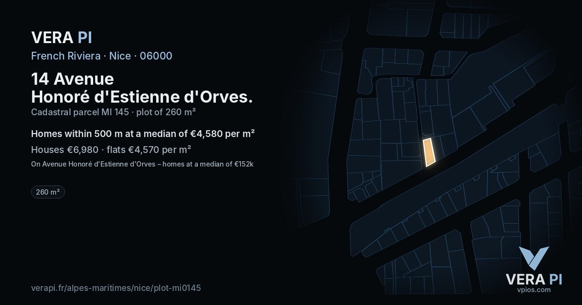 14 Avenue Honoré d'Estienne d'Orves, Nice at night – the plot lit, the parcels around coloured by the prices near them