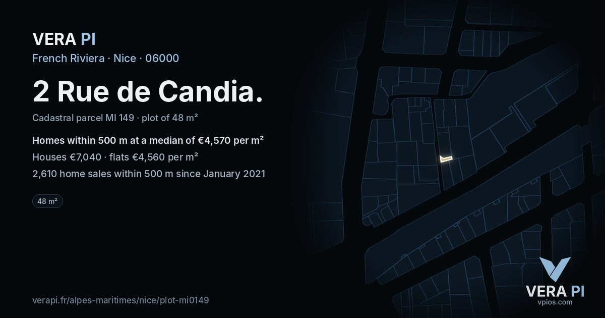 2 Rue de Candia, Nice at night – the plot lit, the parcels around coloured by the prices near them