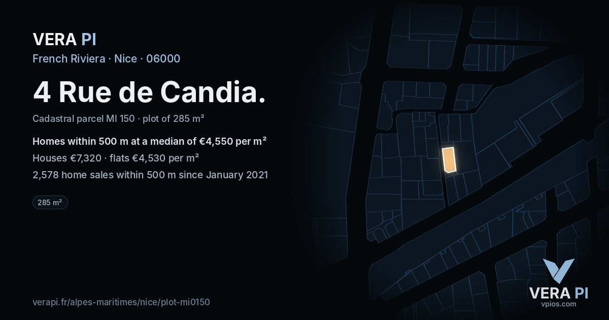4 Rue de Candia, Nice at night – the plot lit, the parcels around coloured by the prices near them