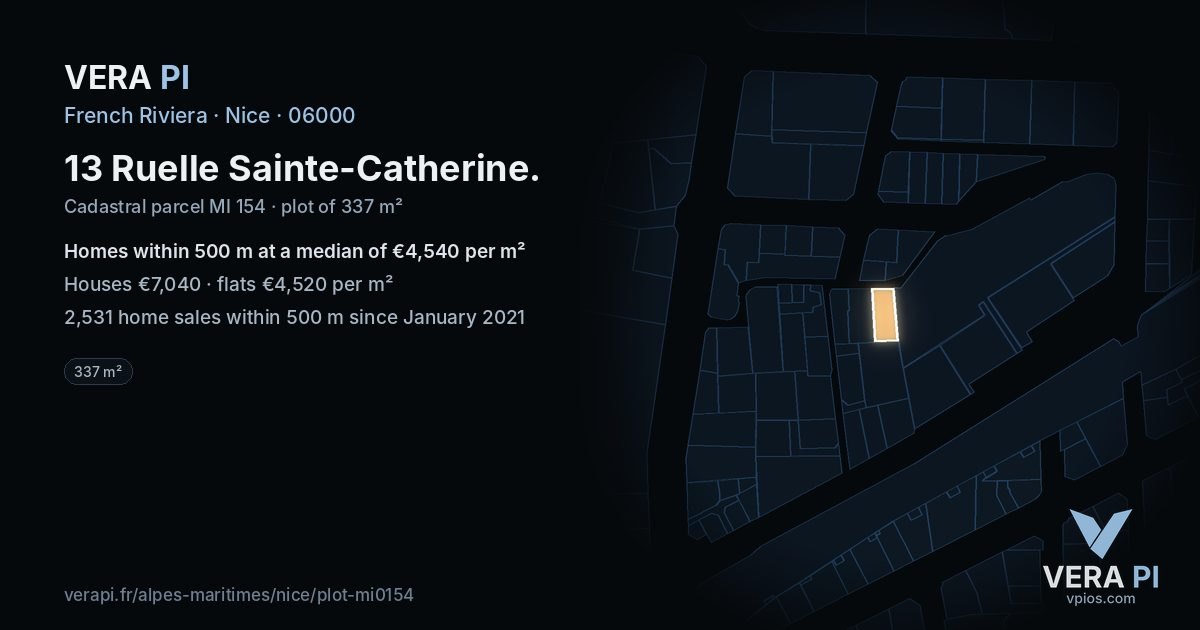 13 Ruelle Sainte-Catherine, Nice at night – the plot lit, the parcels around coloured by the prices near them