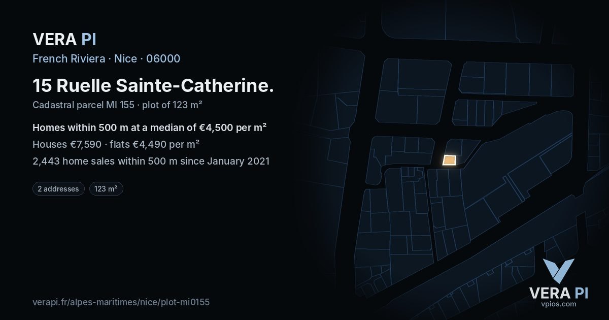 15 Ruelle Sainte-Catherine, Nice at night – the plot lit, the parcels around coloured by the prices near them