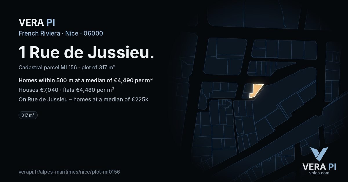 1 Rue de Jussieu, Nice at night – the plot lit, the parcels around coloured by the prices near them