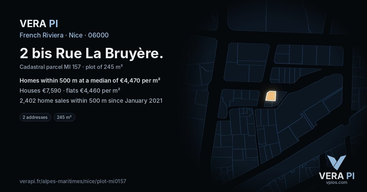 2 bis Rue La Bruyère, Nice at night – the plot lit, the parcels around coloured by the prices near them