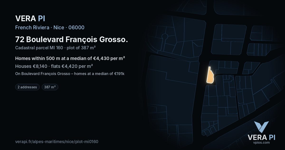 72 Boulevard François Grosso, Nice at night – the plot lit, the parcels around coloured by the prices near them