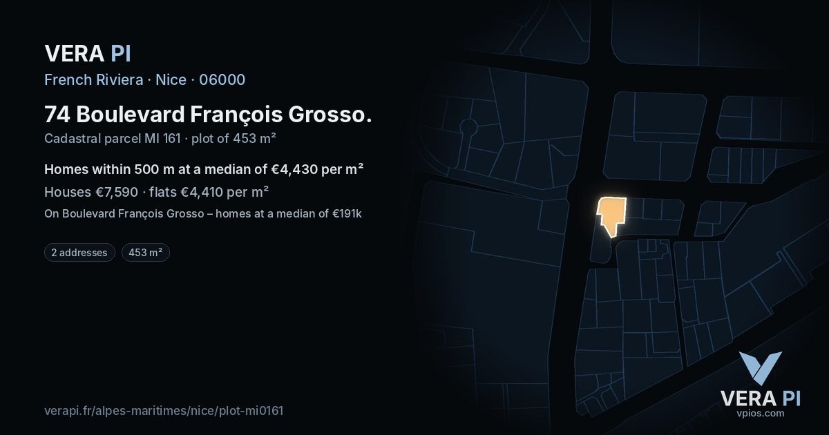 74 Boulevard François Grosso, Nice at night – the plot lit, the parcels around coloured by the prices near them
