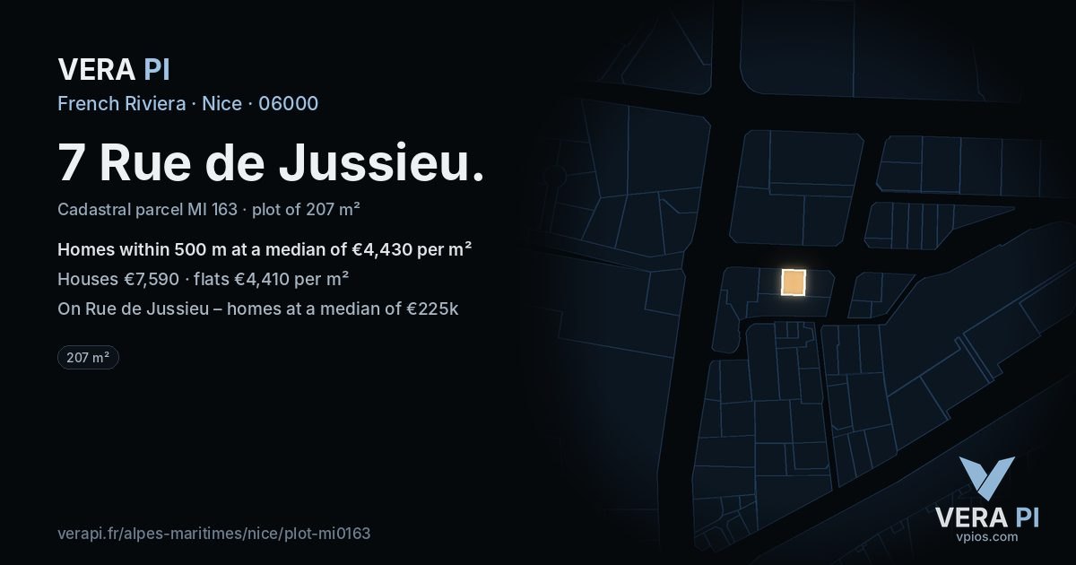 7 Rue de Jussieu, Nice at night – the plot lit, the parcels around coloured by the prices near them