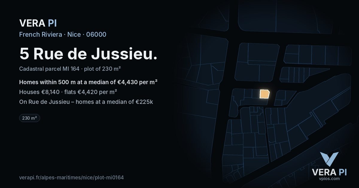 5 Rue de Jussieu, Nice at night – the plot lit, the parcels around coloured by the prices near them