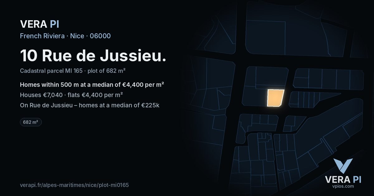 10 Rue de Jussieu, Nice at night – the plot lit, the parcels around coloured by the prices near them