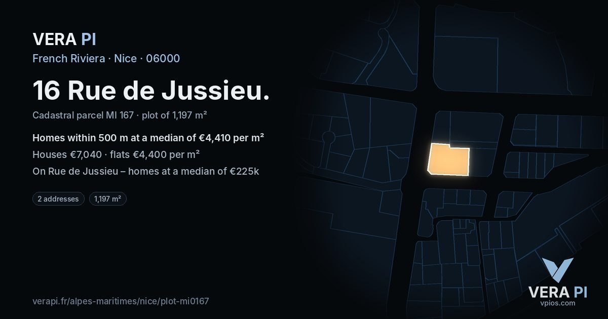 16 Rue de Jussieu, Nice at night – the plot lit, the parcels around coloured by the prices near them