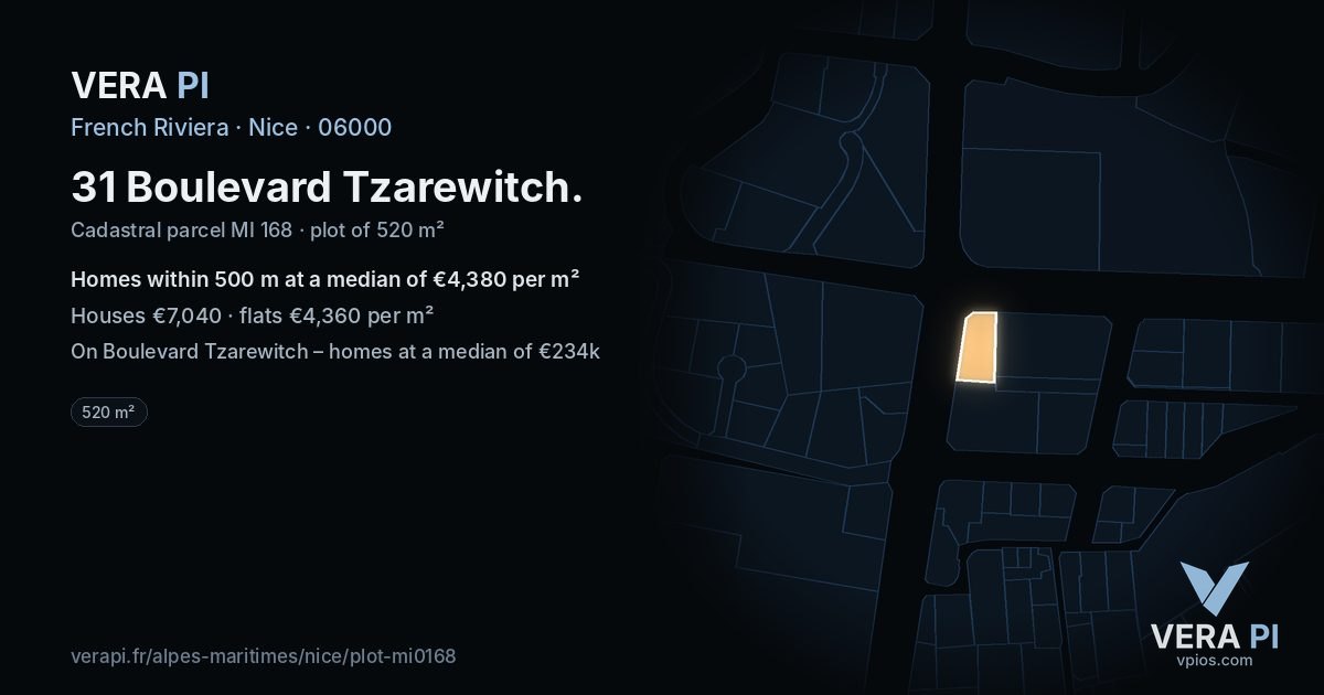 31 Boulevard Tzarewitch, Nice at night – the plot lit, the parcels around coloured by the prices near them