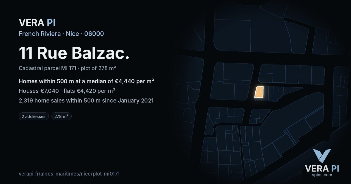 11 Rue Balzac, Nice at night – the plot lit, the parcels around coloured by the prices near them