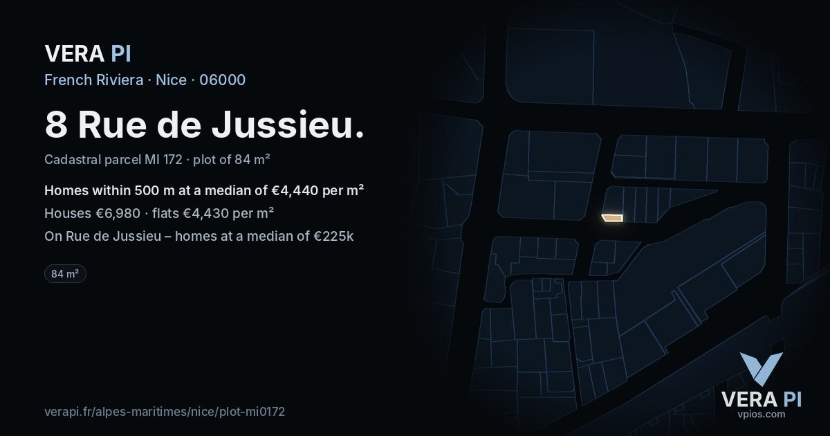 8 Rue de Jussieu, Nice at night – the plot lit, the parcels around coloured by the prices near them