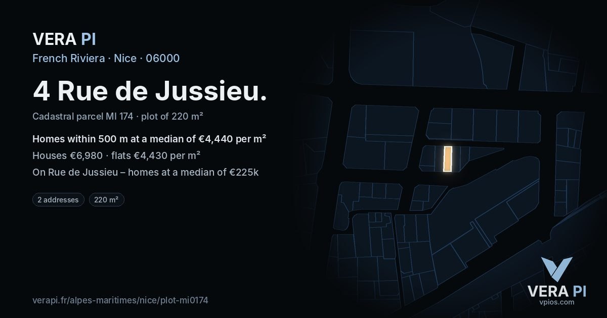 4 Rue de Jussieu, Nice at night – the plot lit, the parcels around coloured by the prices near them