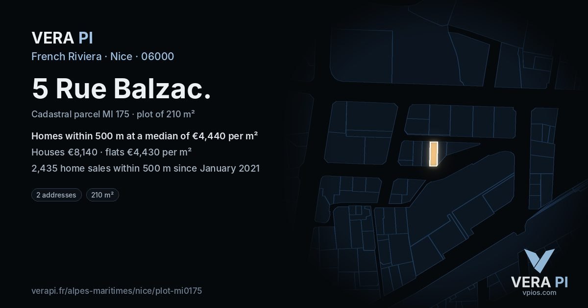 5 Rue Balzac, Nice at night – the plot lit, the parcels around coloured by the prices near them