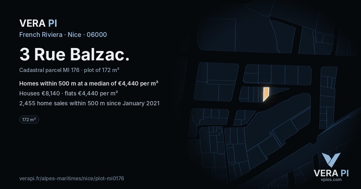3 Rue Balzac, Nice at night – the plot lit, the parcels around coloured by the prices near them