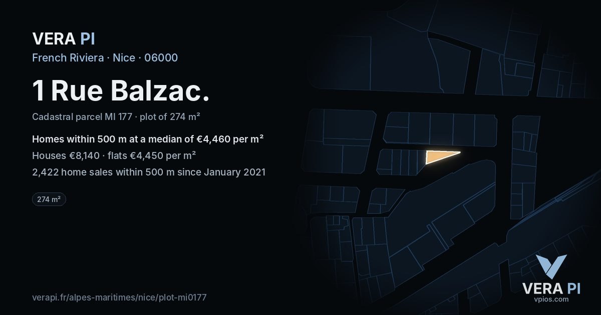 1 Rue Balzac, Nice at night – the plot lit, the parcels around coloured by the prices near them