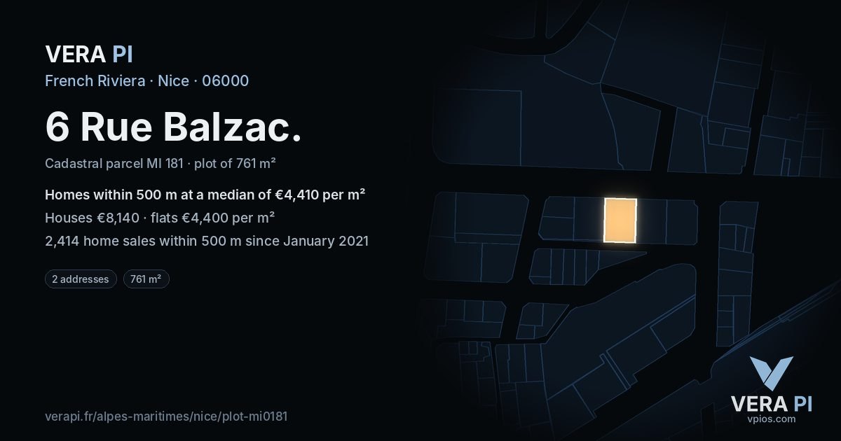 6 Rue Balzac, Nice at night – the plot lit, the parcels around coloured by the prices near them