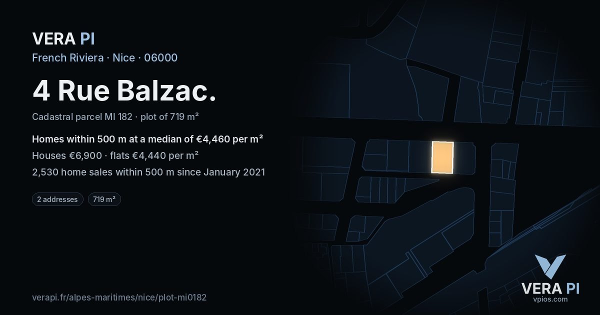 4 Rue Balzac, Nice at night – the plot lit, the parcels around coloured by the prices near them