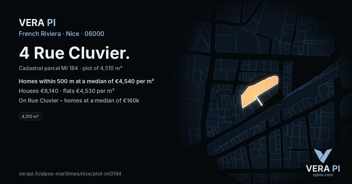 4 Rue Cluvier, Nice at night – the plot lit, the parcels around coloured by the prices near them