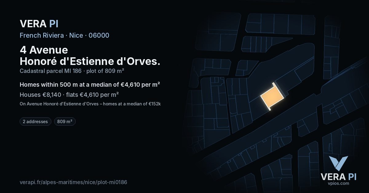 4 Avenue Honoré d'Estienne d'Orves, Nice at night – the plot lit, the parcels around coloured by the prices near them