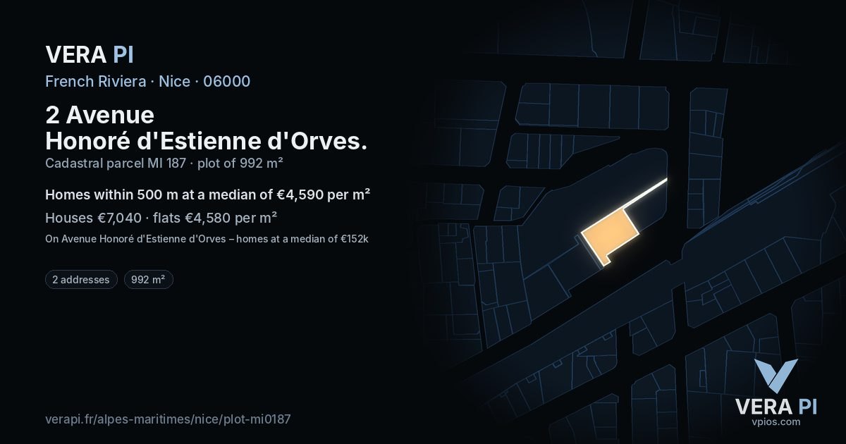 2 Avenue Honoré d'Estienne d'Orves, Nice at night – the plot lit, the parcels around coloured by the prices near them