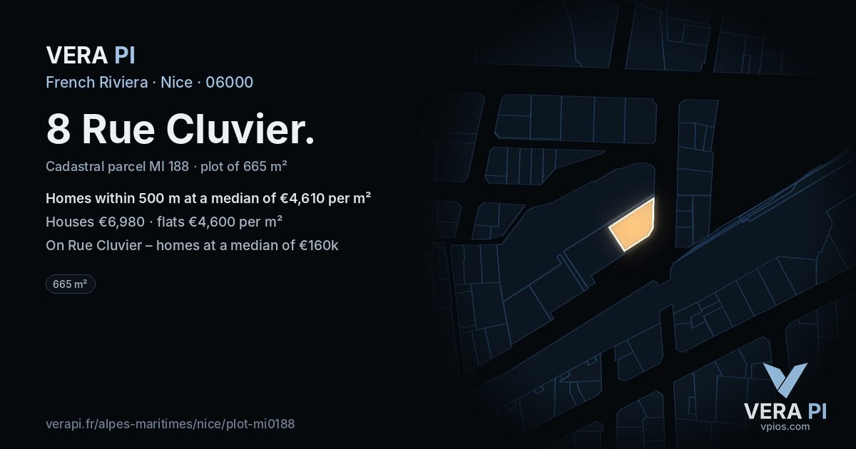 8 Rue Cluvier, Nice at night – the plot lit, the parcels around coloured by the prices near them
