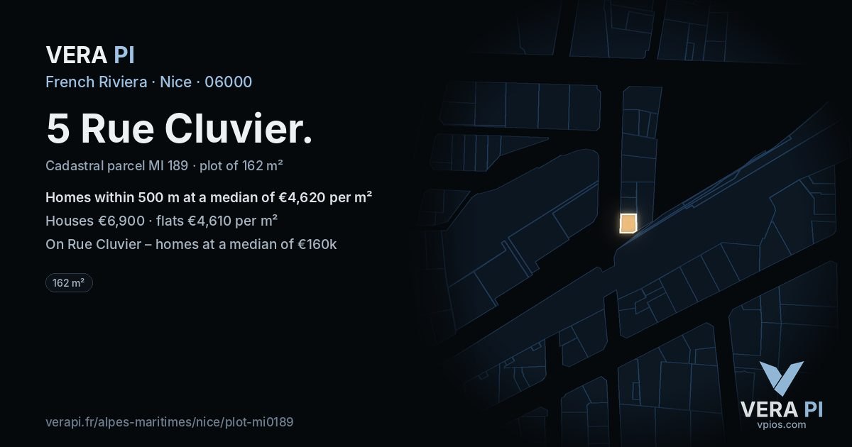 5 Rue Cluvier, Nice at night – the plot lit, the parcels around coloured by the prices near them