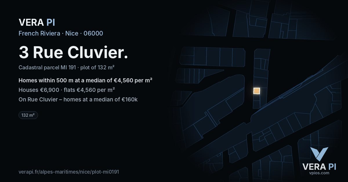 3 Rue Cluvier, Nice at night – the plot lit, the parcels around coloured by the prices near them