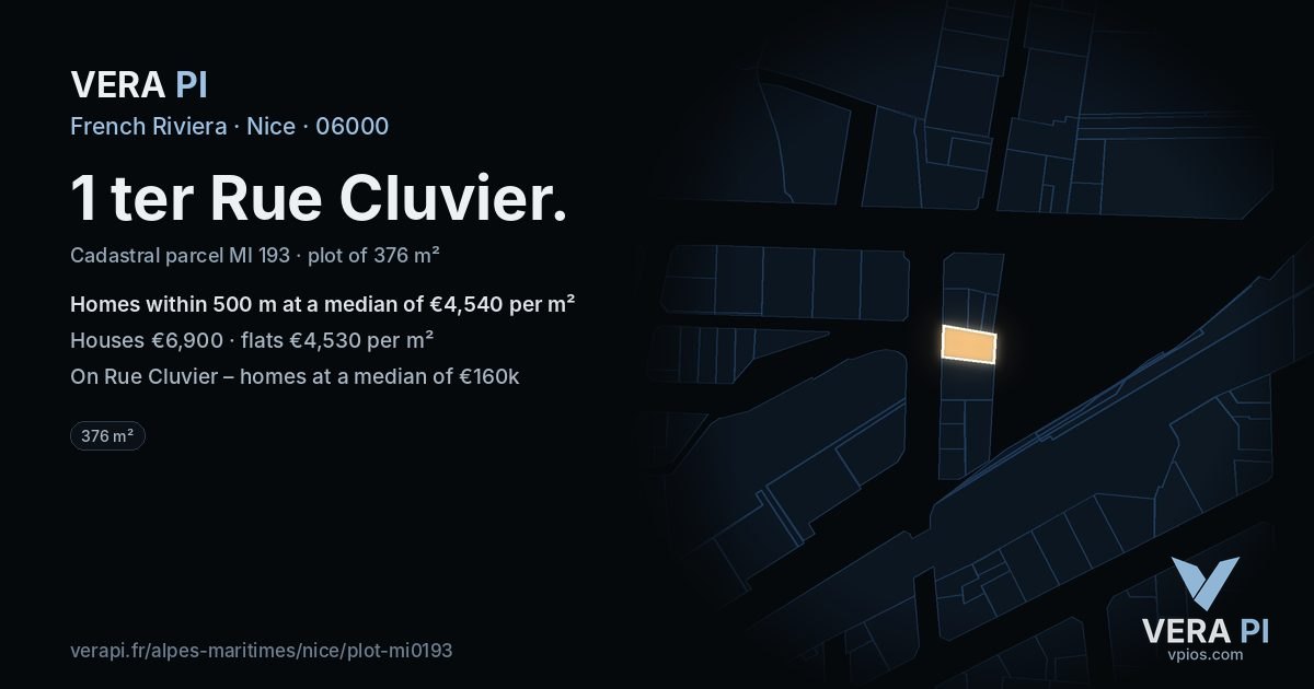 1 ter Rue Cluvier, Nice at night – the plot lit, the parcels around coloured by the prices near them