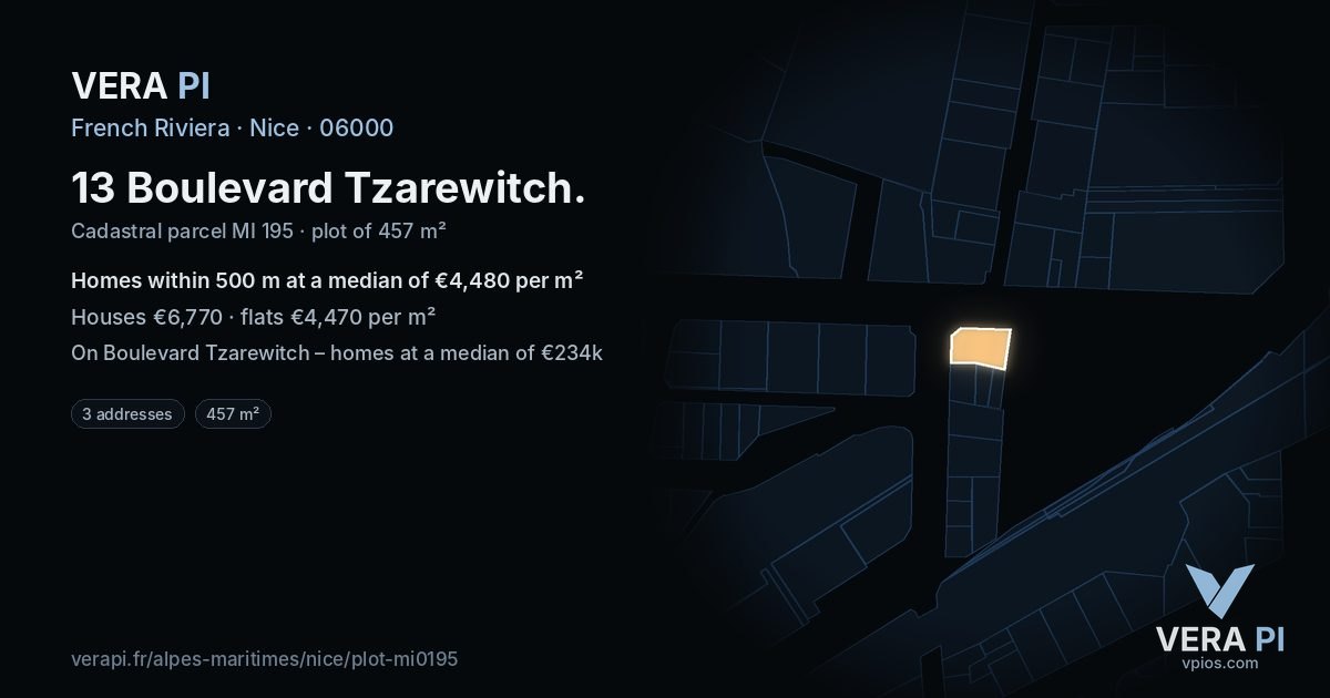 13 Boulevard Tzarewitch, Nice at night – the plot lit, the parcels around coloured by the prices near them