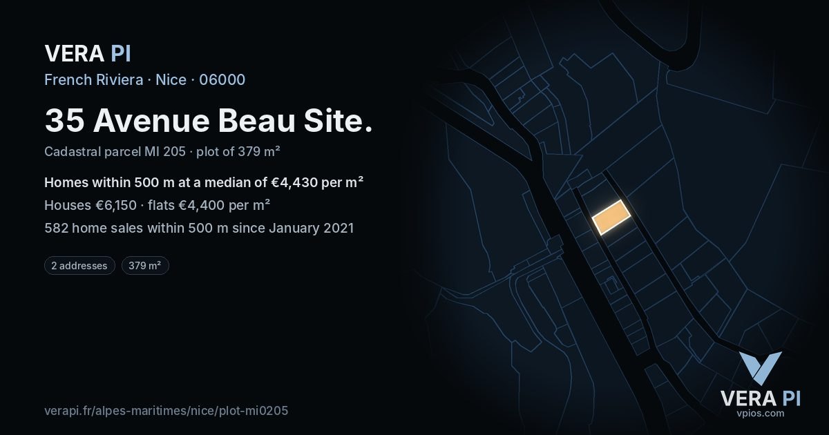 35 Avenue Beau Site, Nice at night – the plot lit, the parcels around coloured by the prices near them