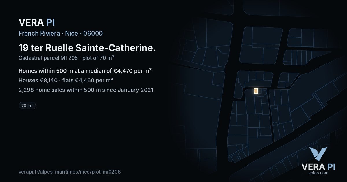 19 ter Ruelle Sainte-Catherine, Nice at night – the plot lit, the parcels around coloured by the prices near them