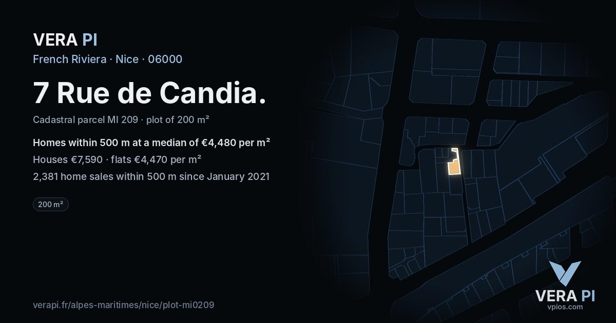 7 Rue de Candia, Nice at night – the plot lit, the parcels around coloured by the prices near them