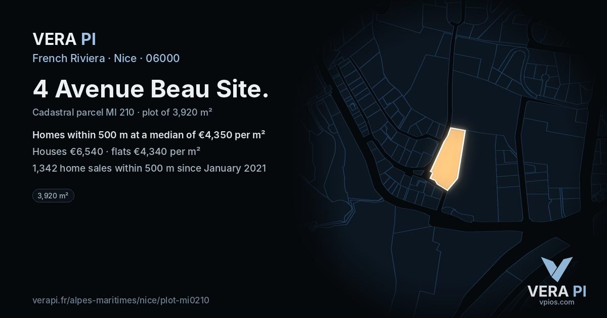 4 Avenue Beau Site, Nice at night – the plot lit, the parcels around coloured by the prices near them