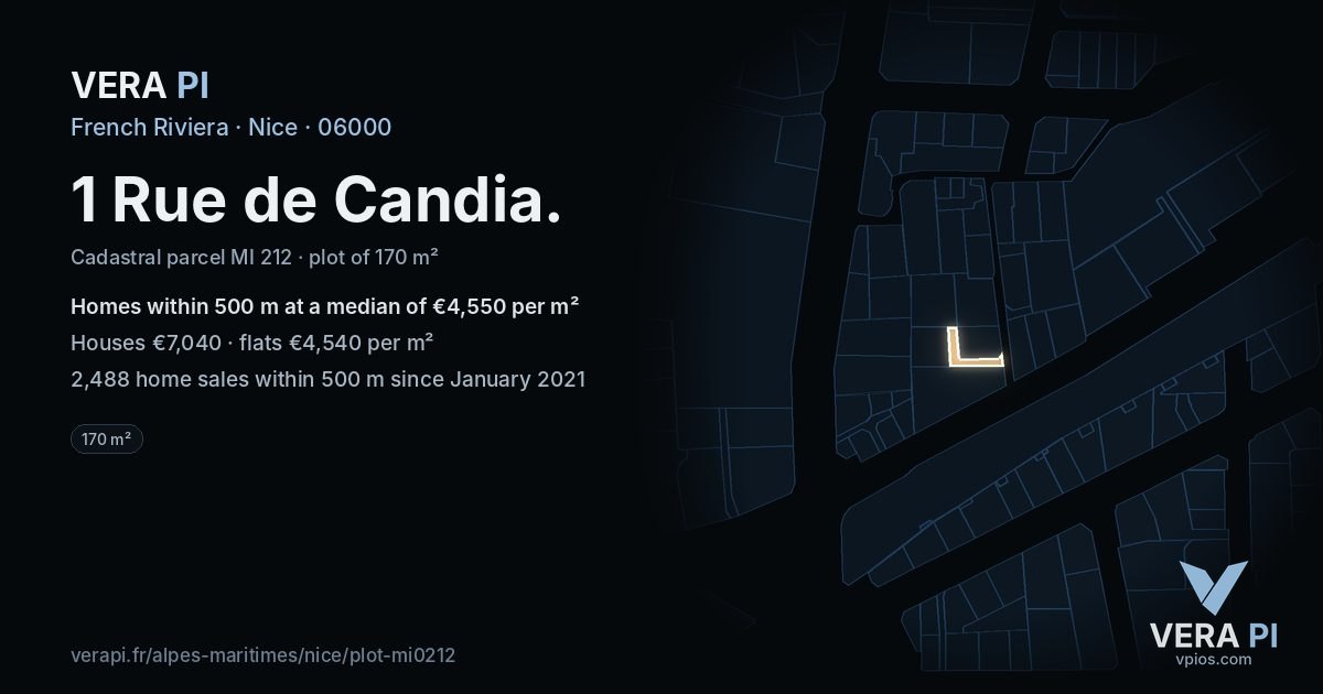 1 Rue de Candia, Nice at night – the plot lit, the parcels around coloured by the prices near them