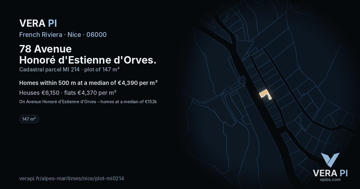 78 Avenue Honoré d'Estienne d'Orves, Nice at night – the plot lit, the parcels around coloured by the prices near them