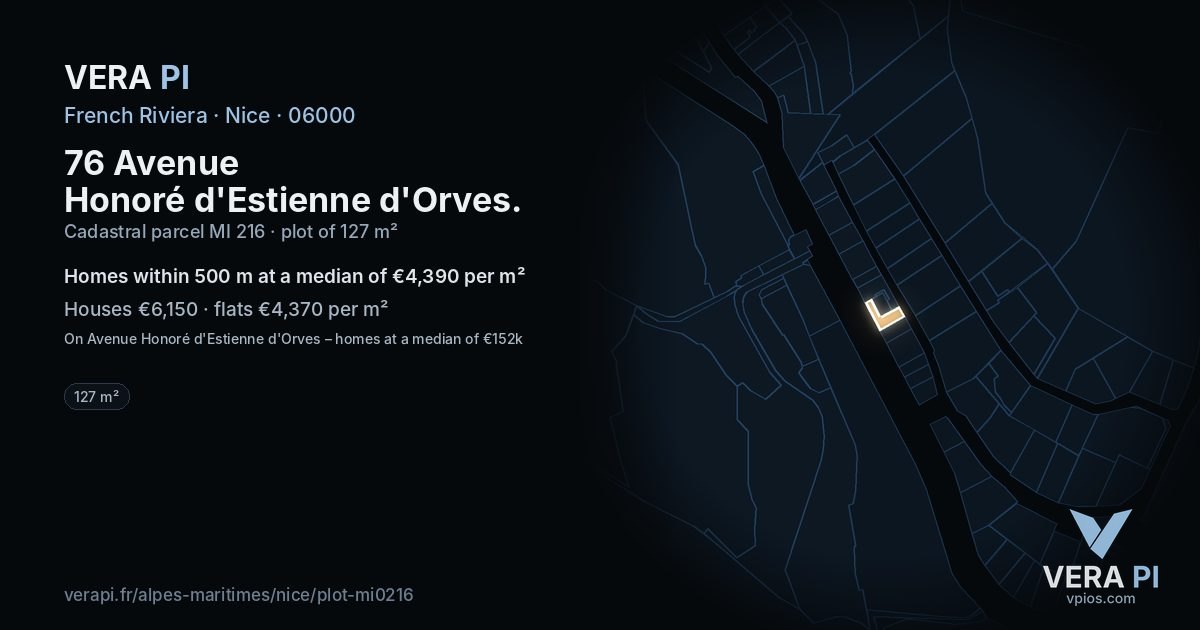 76 Avenue Honoré d'Estienne d'Orves, Nice at night – the plot lit, the parcels around coloured by the prices near them