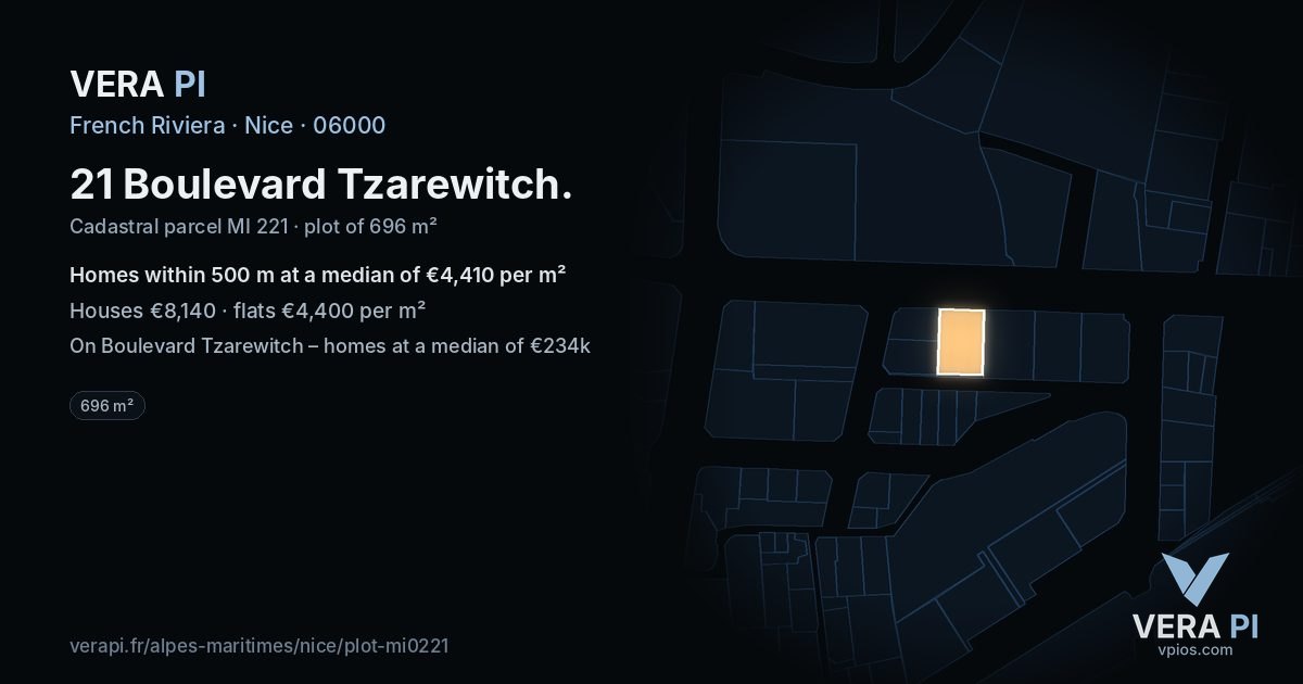 21 Boulevard Tzarewitch, Nice at night – the plot lit, the parcels around coloured by the prices near them