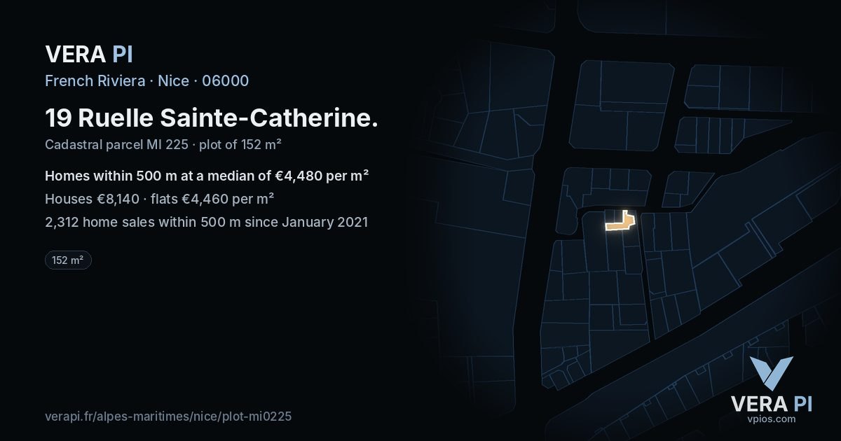 19 Ruelle Sainte-Catherine, Nice at night – the plot lit, the parcels around coloured by the prices near them