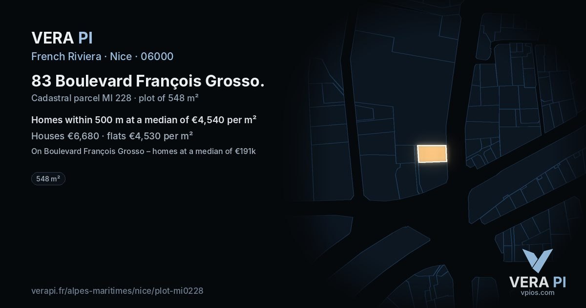 83 Boulevard François Grosso, Nice at night – the plot lit, the parcels around coloured by the prices near them