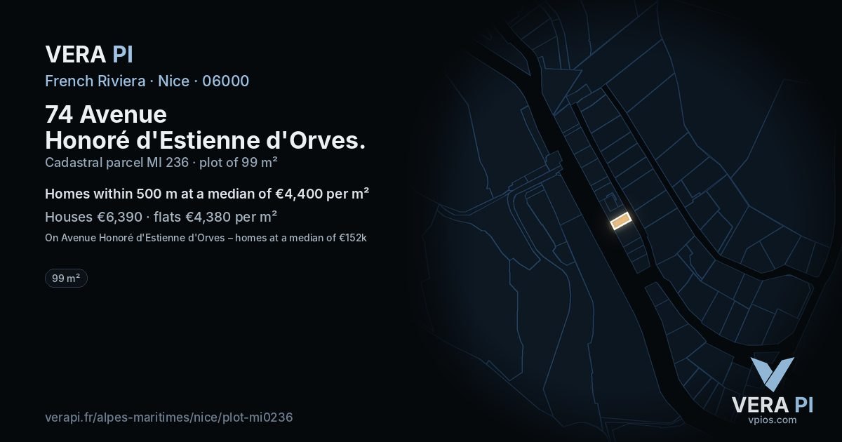 74 Avenue Honoré d'Estienne d'Orves, Nice at night – the plot lit, the parcels around coloured by the prices near them